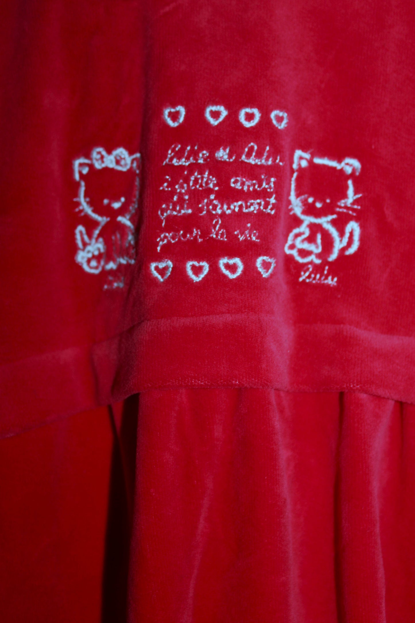 French Red velour jumpsuit wirh hailspot fabric trim