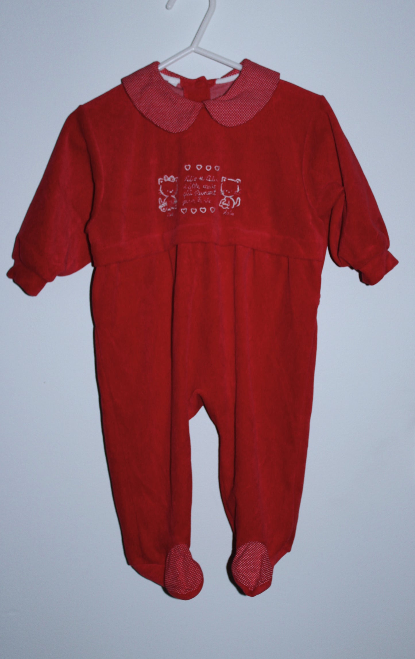 French Red velour jumpsuit wirh hailspot fabric trim