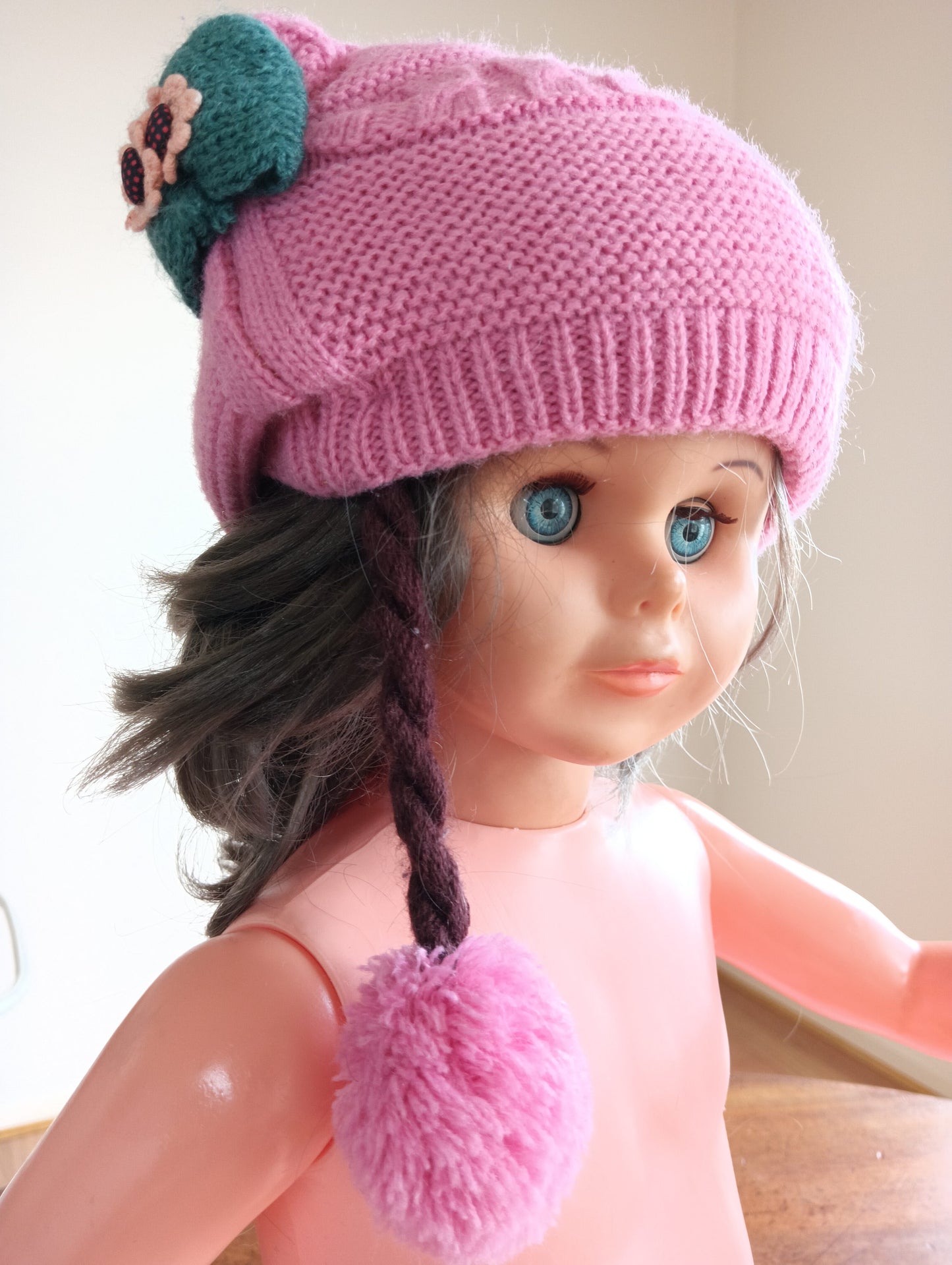 Pink Knit beanie with flower trim